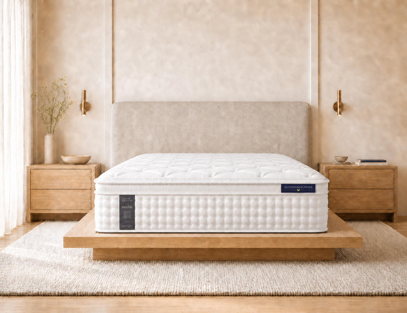 The deep Mayfair mattress with Saxton & Hunter branding in a calm, naturally styled bedroom